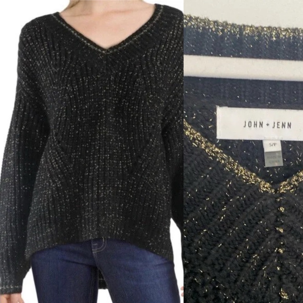John + Jenn Black and Gold Metallic V-Neck Sweater